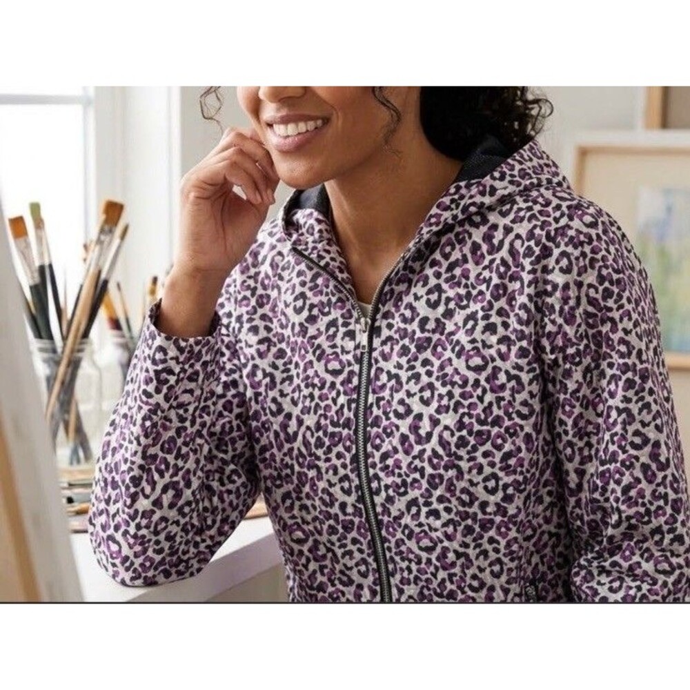 Chicos Zenergy UPF 50+ Purple Leopard Print Hooded Jacket Size 3P US-SZ-16/18